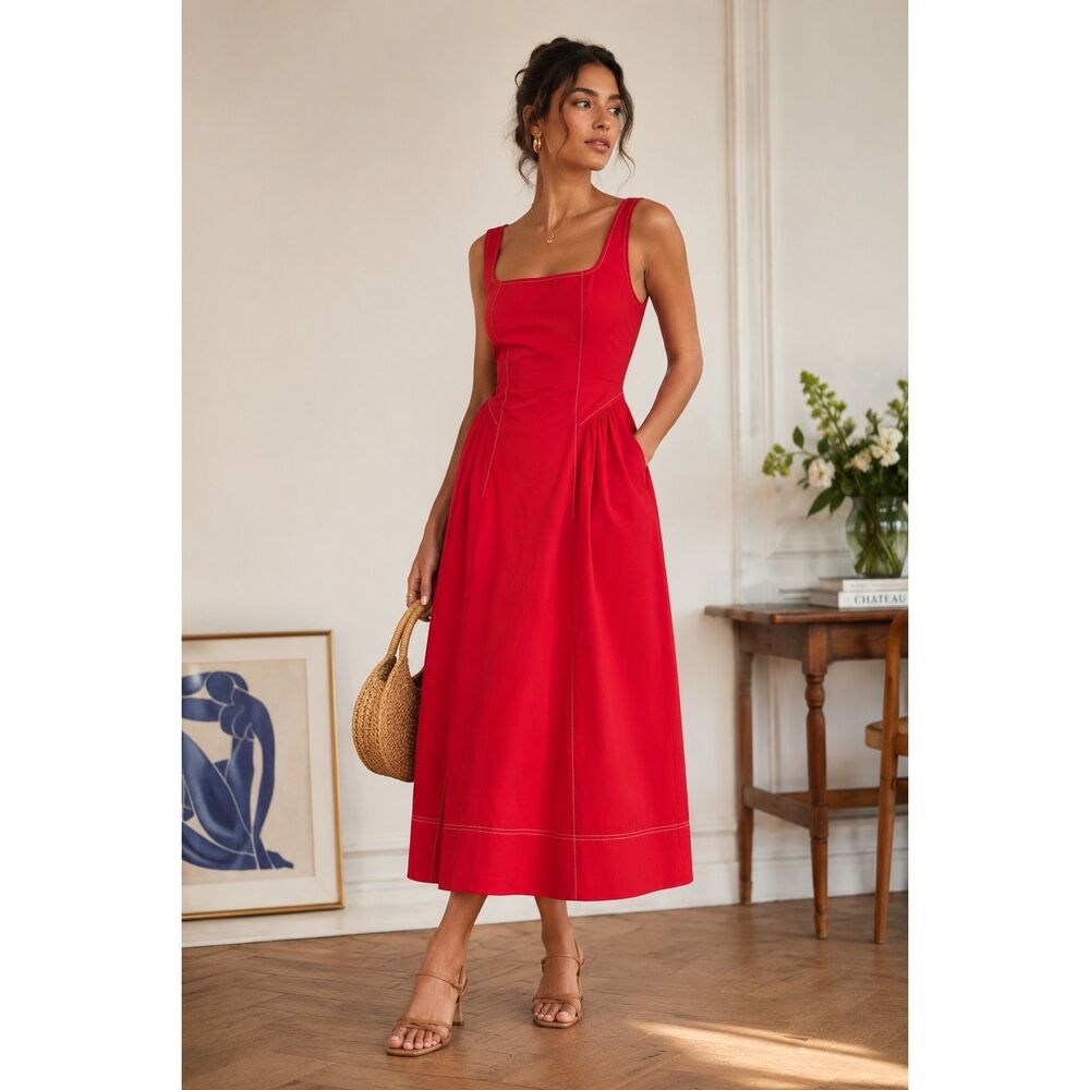 Free Assembly Red Cotton Midi Dress NWT – Size Small Swing Fit & flare retro